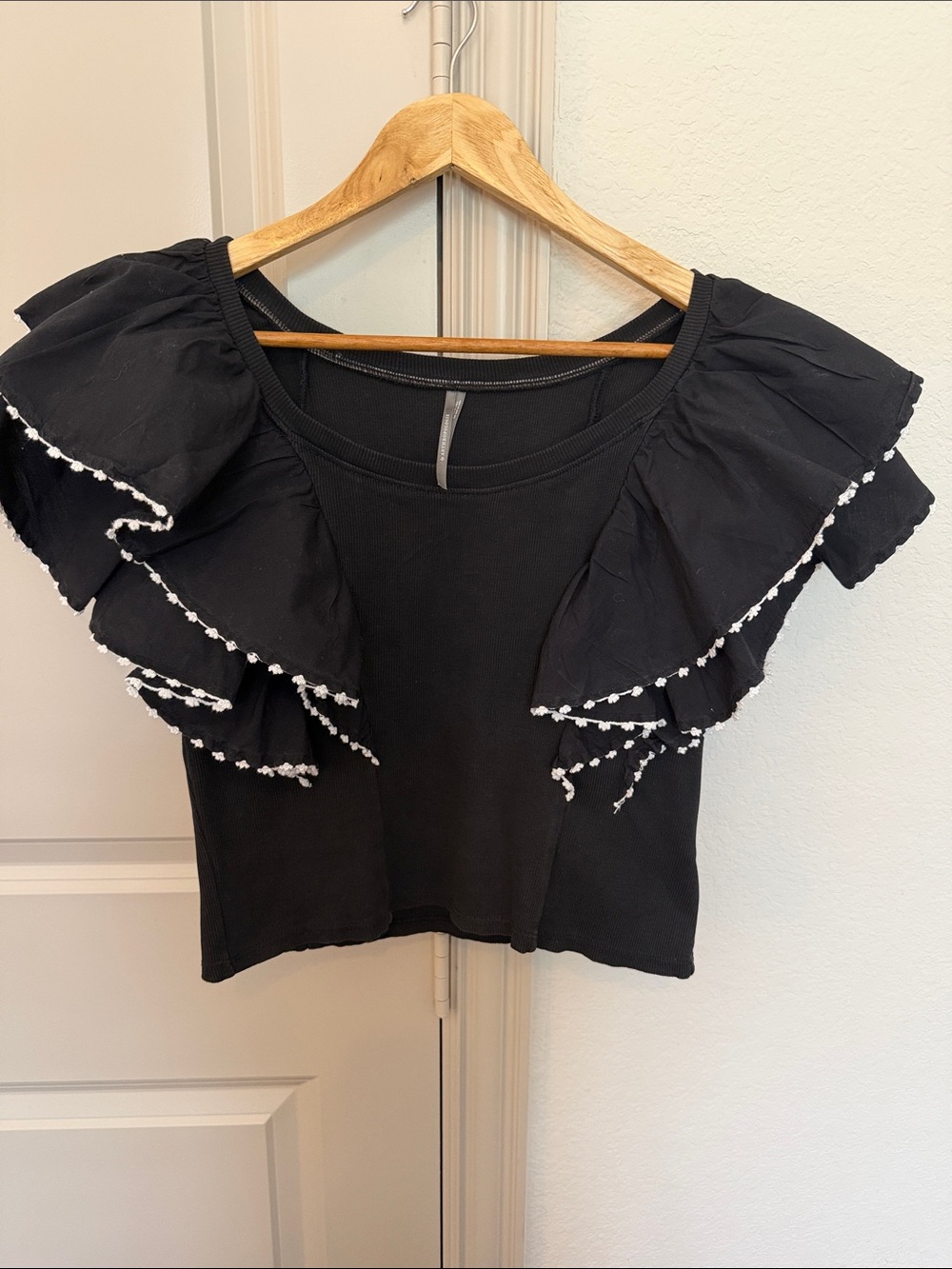 Anthropologie Smocked Flutter-Sleeve embroidered Trim Tee in Black Onyx  Small